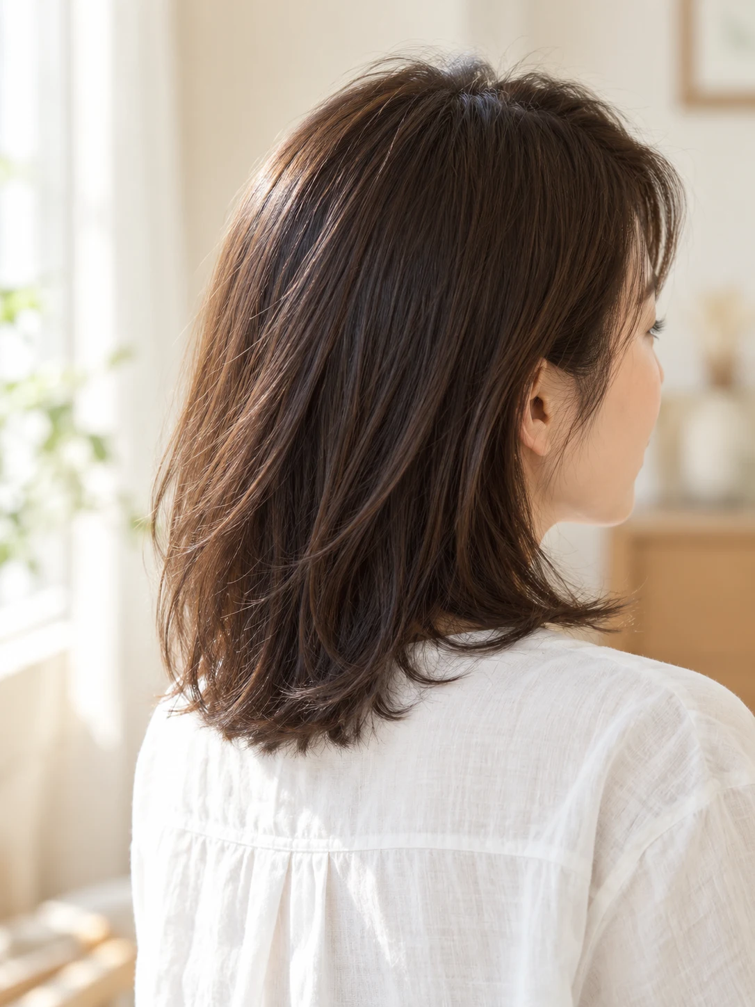 やわらかな窓辺で過ごす女性の後ろ姿。施術例ではないイメージ写真。